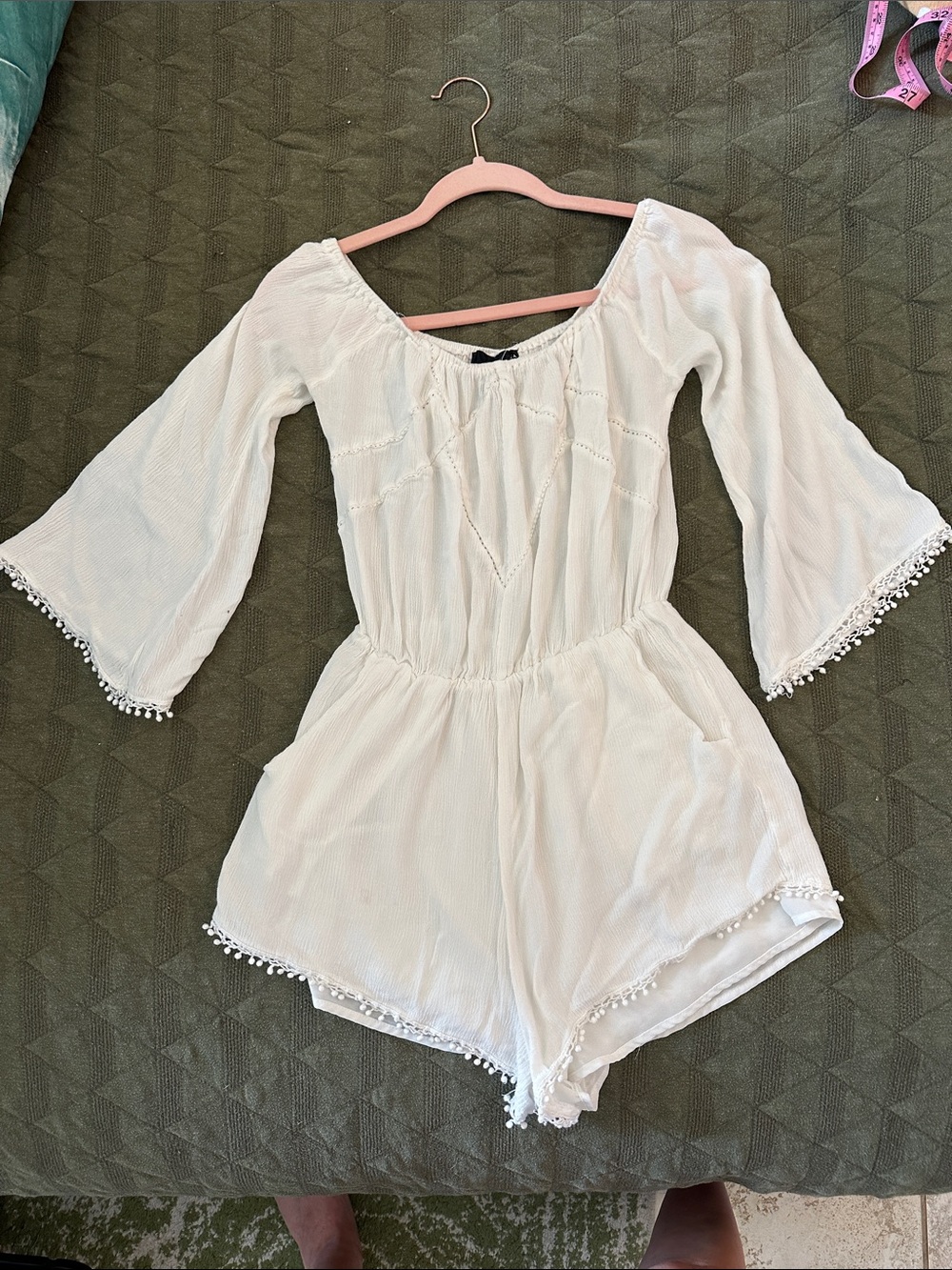 XS White Boho Pom Pom Trim Romper
